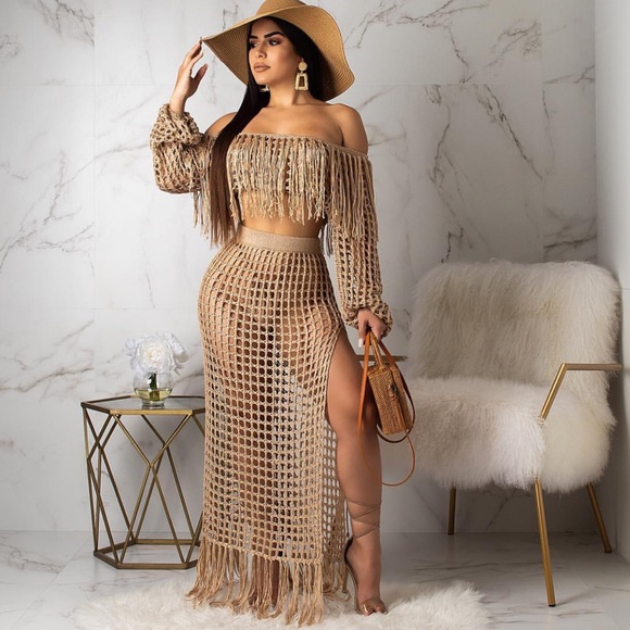 Beach Cover Up Crochet Knit Fringes Maxi Skirt Set - Picture 5 of 8